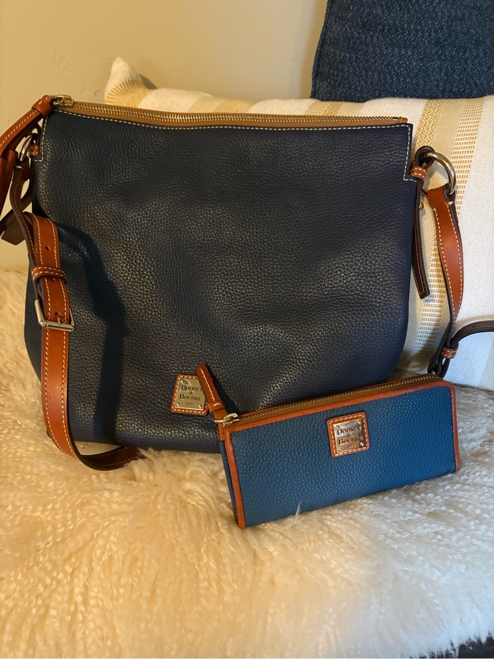 Dooney & Bourke Navy Pebble Leather Zip Wallet with Brown Trim - Picture 6 of 6